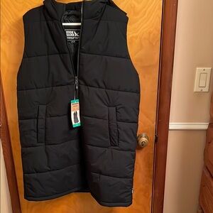 NWT WOMAN'S EDDIE BAUER BLACK LONG HOODED PUFFER VEST WATER REPELLANT SIZE XL